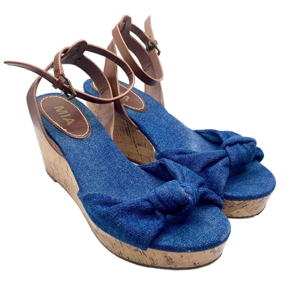 MIA Blue Denim Knot Espadrille Wedge Sandals Cork Size 8.5 Open Toe